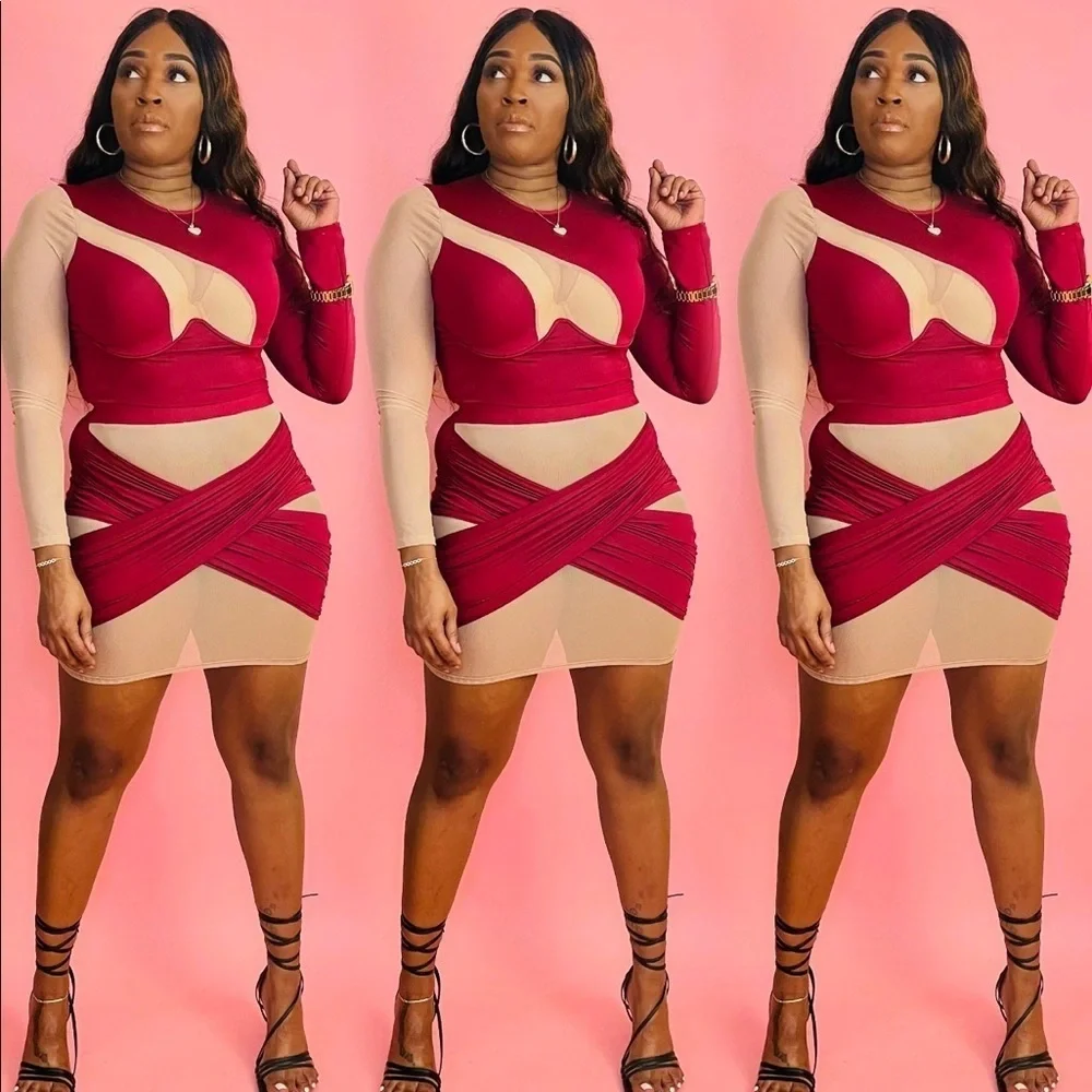 NEW TRENDY LONG SLEEVE WIRE BRA CROP TOP AND MIDI MESH BODYCON SKIRT SET